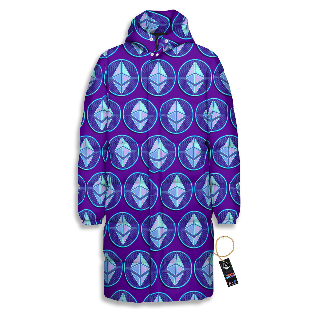 Ethereum Cryptocurrency Print Pattern Long Down Jacket-grizzshop