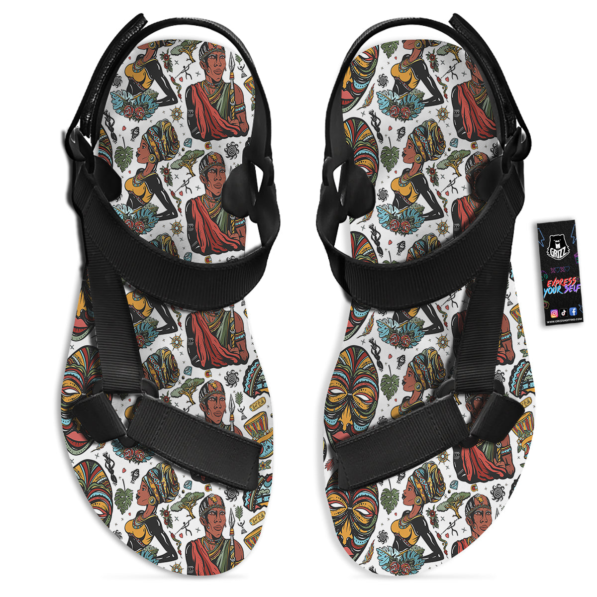 Ethnic Afro African Print Pattern Black Open Toe Sandals-grizzshop