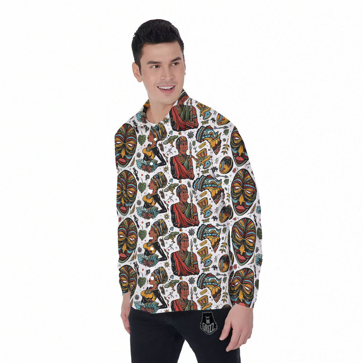 Ethnic Afro African Print Pattern Men's Long Sleeve Shirts-grizzshop