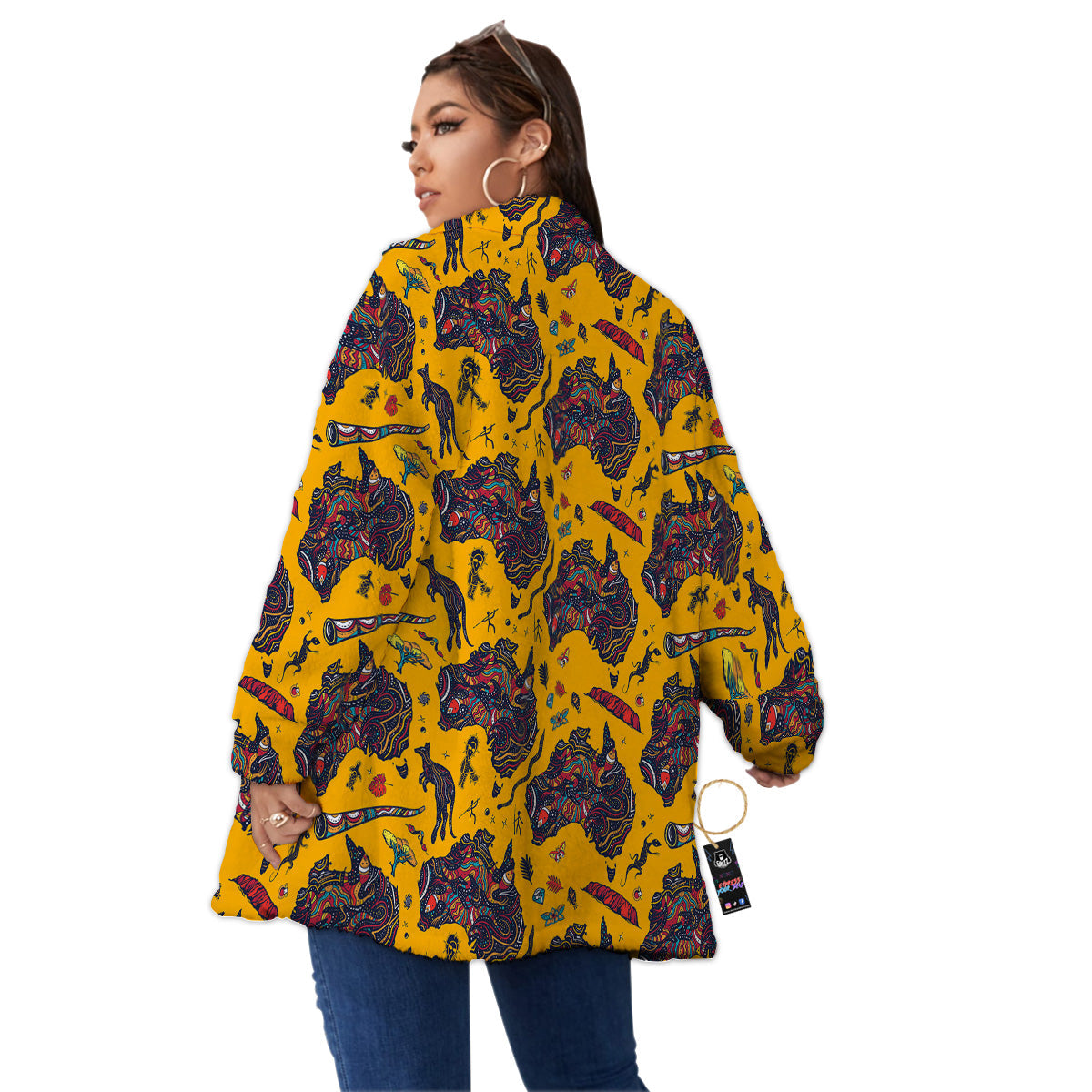 Ethnic Australian Map Tattoo Print Pattern Women's Sherpa Jacket-grizzshop