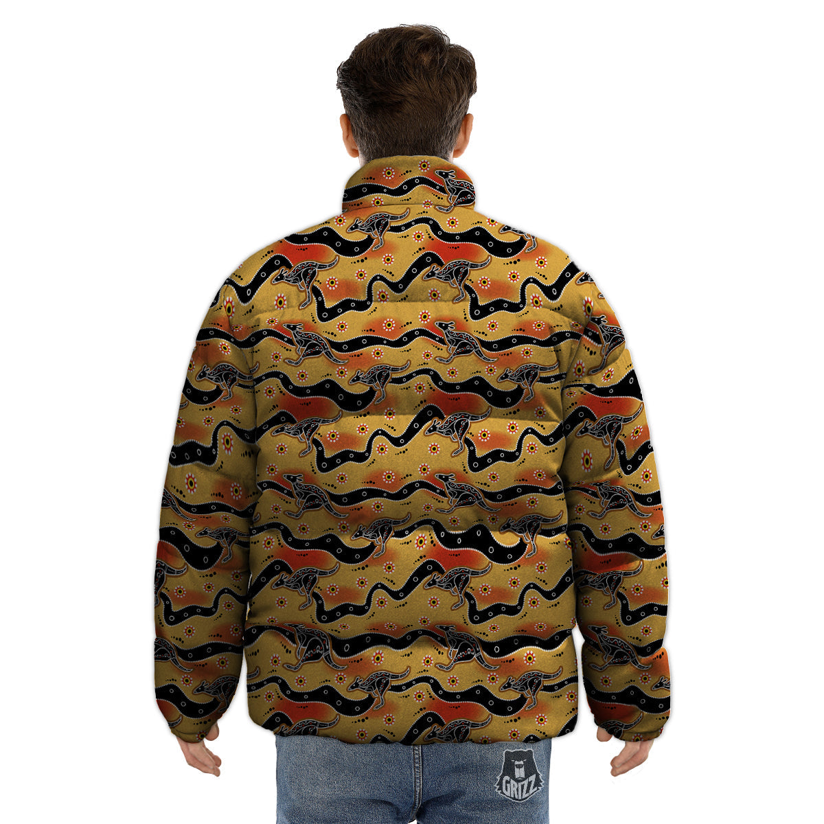 Ethnic Australian Print Pattern Puffer Jacket-grizzshop