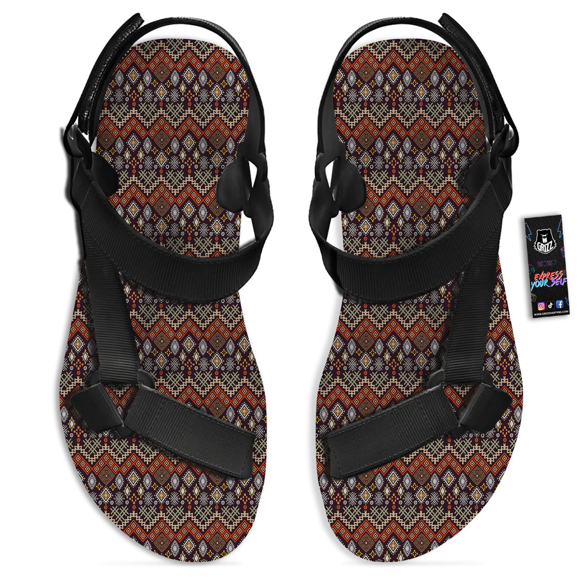 Ethnic Boho Print Pattern Black Open Toe Sandals-grizzshop
