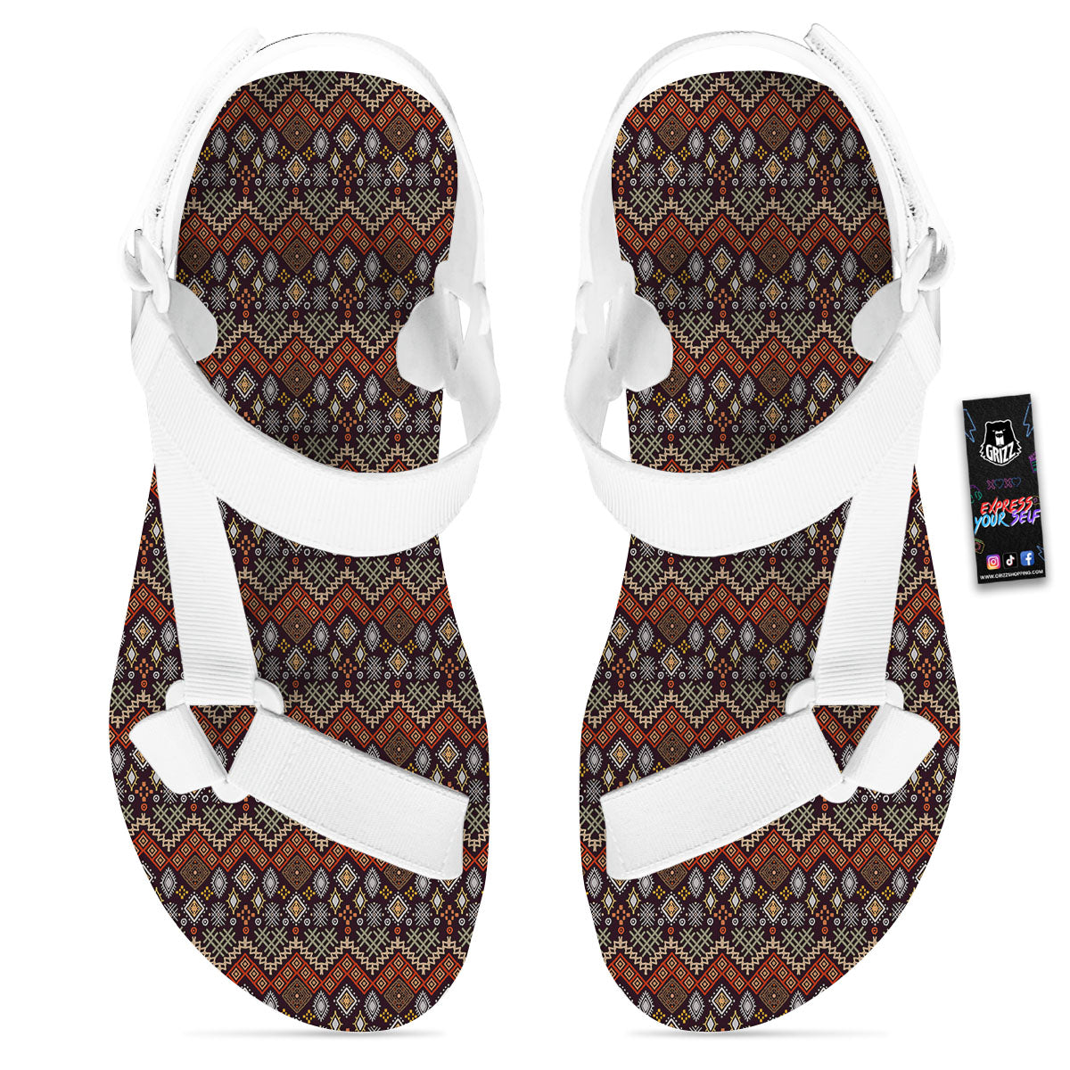 Ethnic Boho Print Pattern White Open Toe Sandals-grizzshop