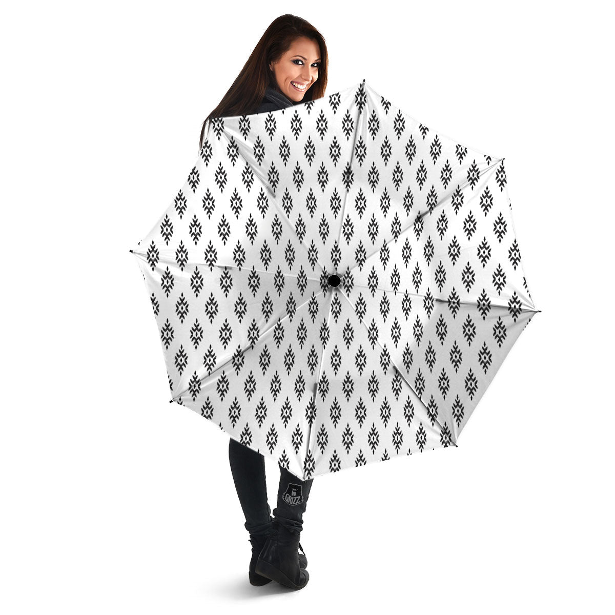 Ethnic Boho White And Black Print Umbrella-grizzshop