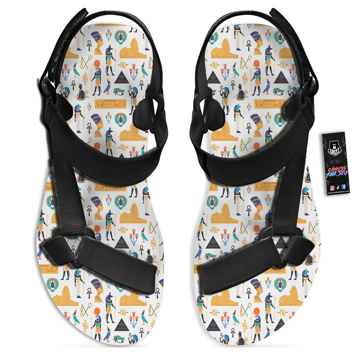 Ethnic Egyptian Print Pattern Black Open Toe Sandals-grizzshop
