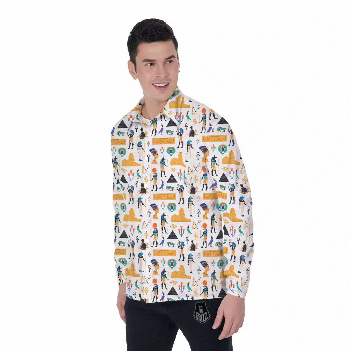 Ethnic Egyptian Print Pattern Men's Long Sleeve Shirts-grizzshop
