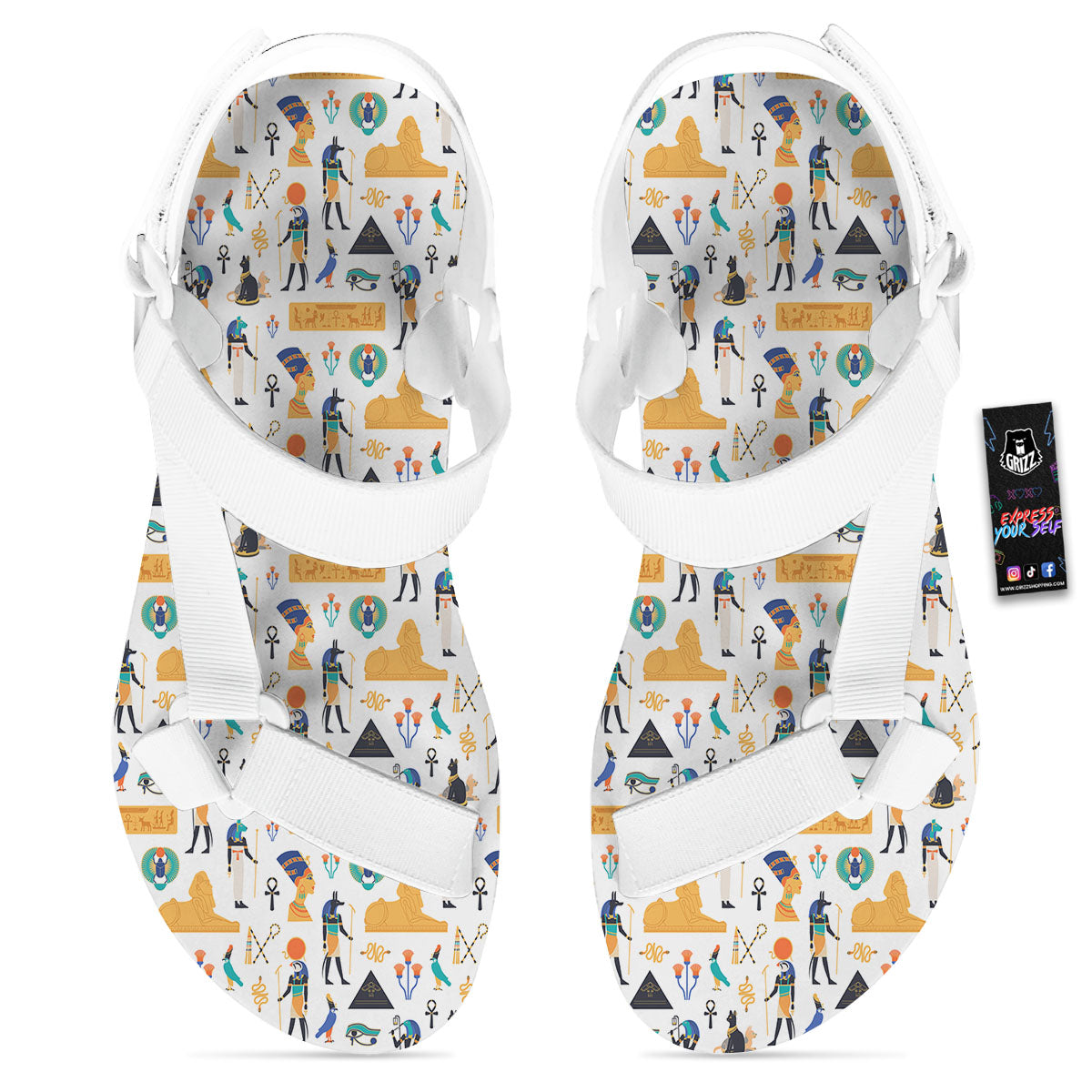 Ethnic Egyptian Print Pattern White Open Toe Sandals-grizzshop