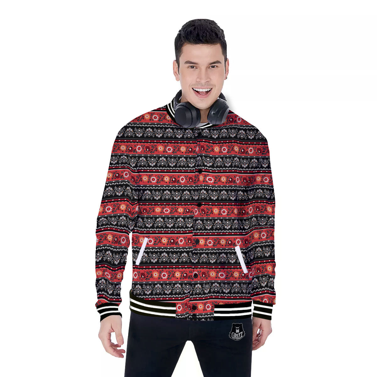 Ethnic Floral Print Pattern Baseball Jacket-grizzshop
