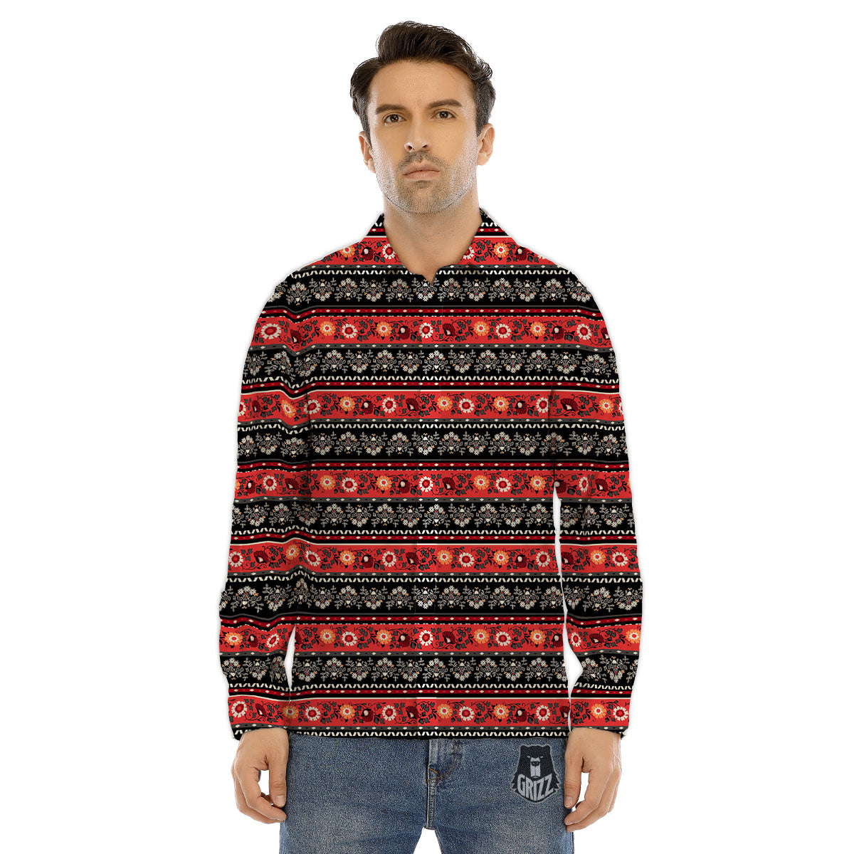 Ethnic Floral Print Pattern Men's Dress Shirts-grizzshop