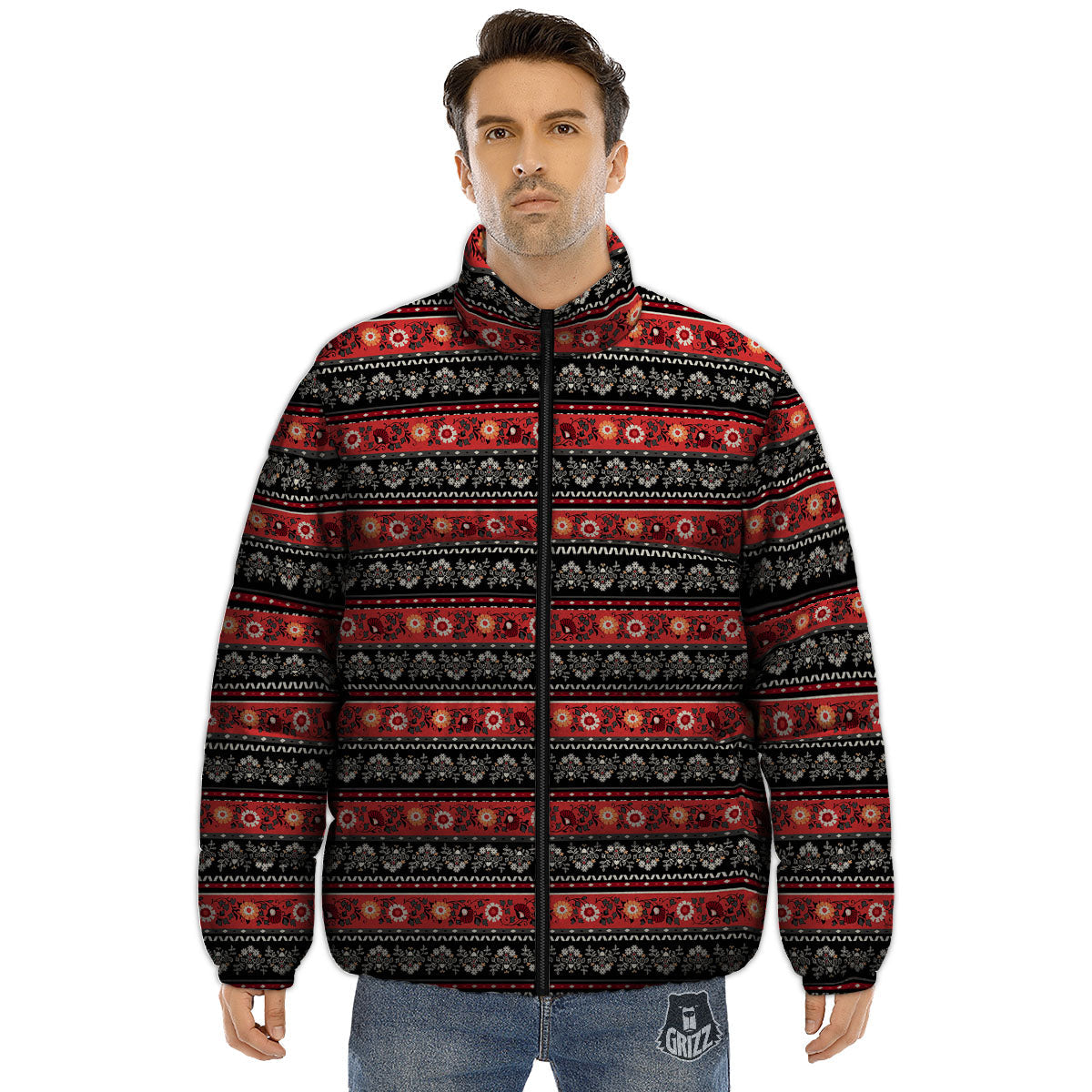 Ethnic Floral Print Pattern Puffer Jacket-grizzshop