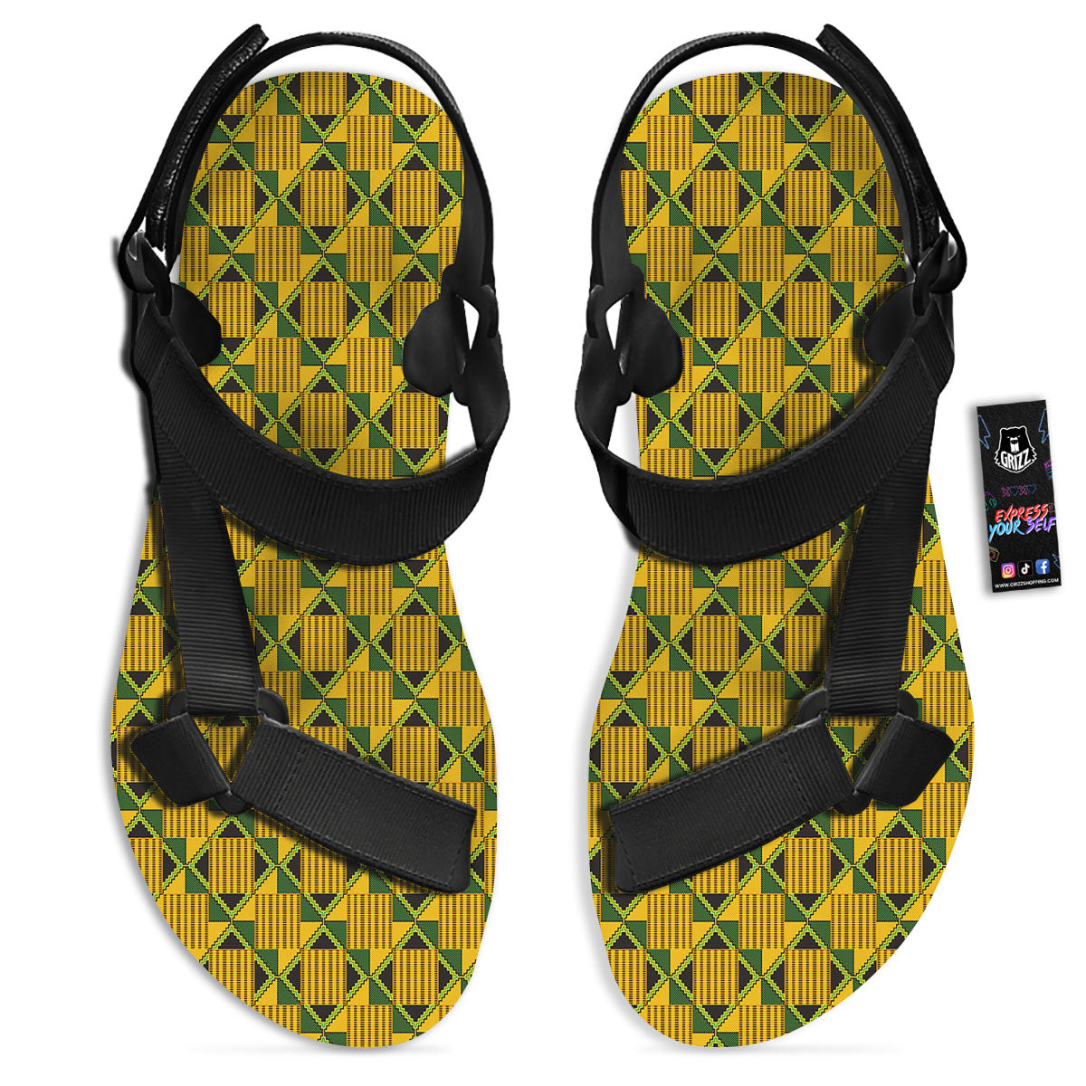 Ethnic Kente Print Pattern Black Open Toe Sandals-grizzshop