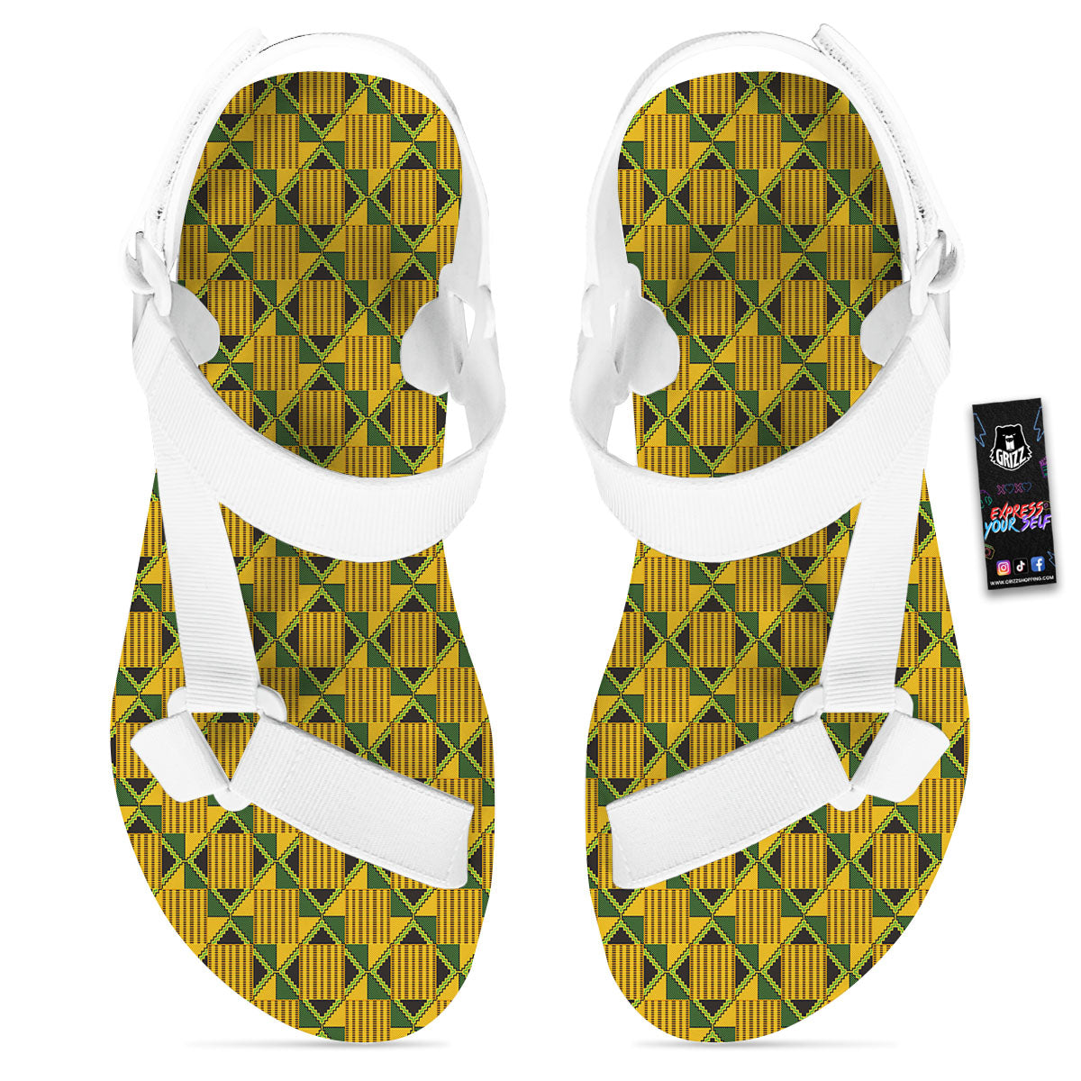 Ethnic Kente Print Pattern White Open Toe Sandals-grizzshop