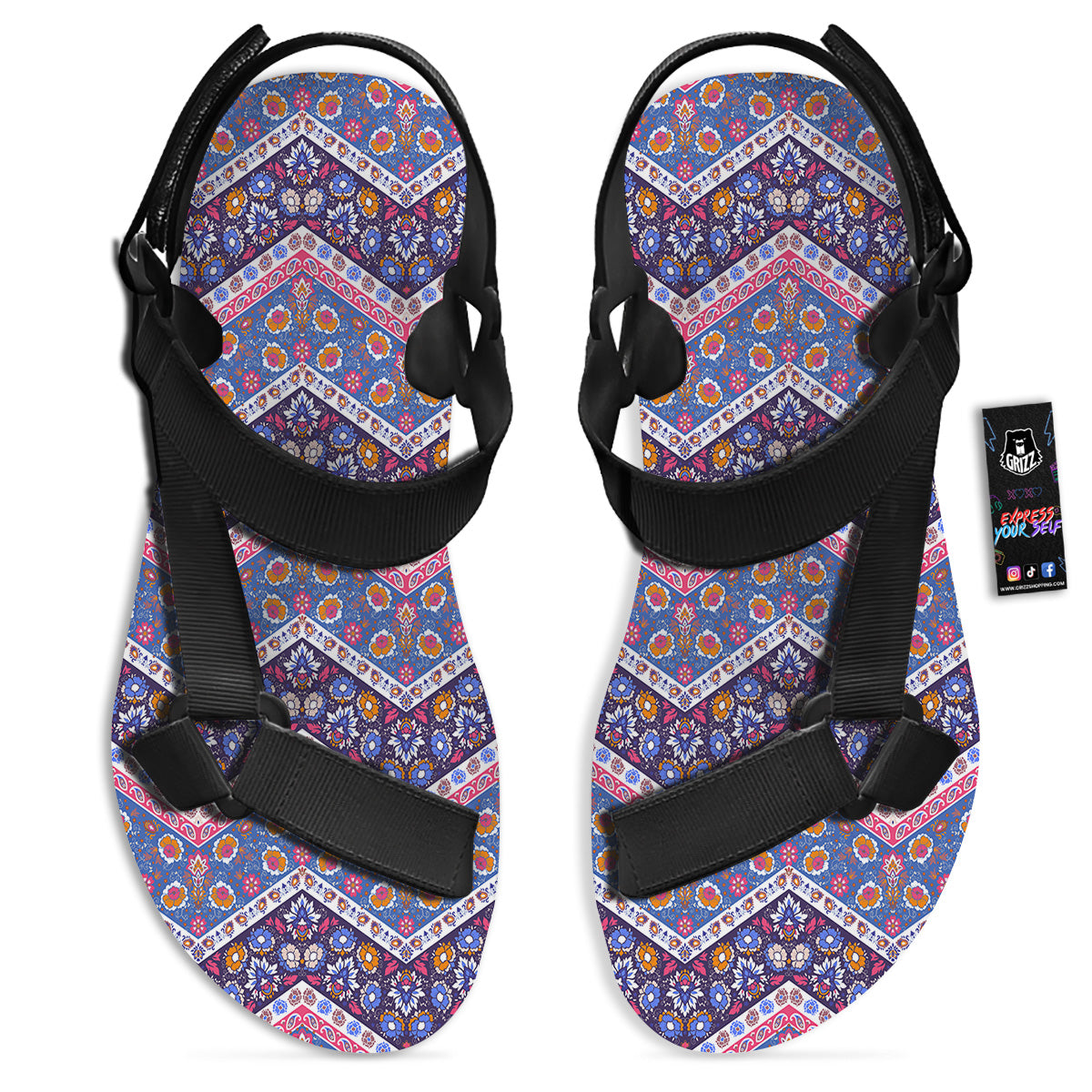 Ethnic Mandala And Indian Paisley Print Pattern Black Open Toe Sandals-grizzshop