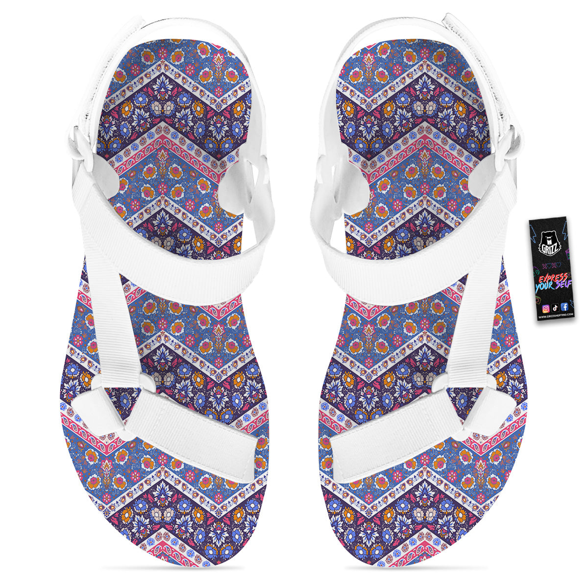 Ethnic Mandala And Indian Paisley Print Pattern White Open Toe Sandals-grizzshop