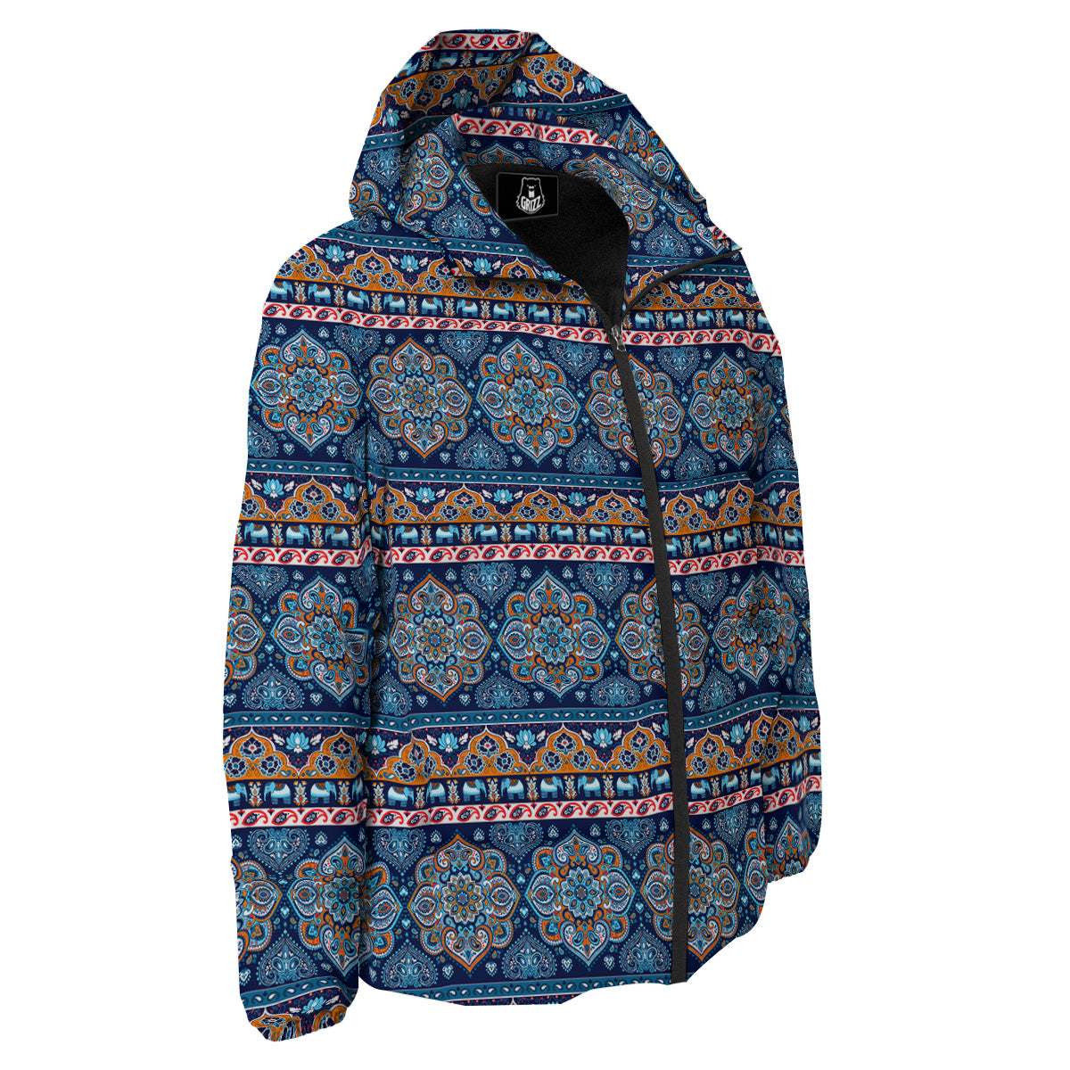 Ethnic Mandala Blue Print Pattern Down Jacket-grizzshop