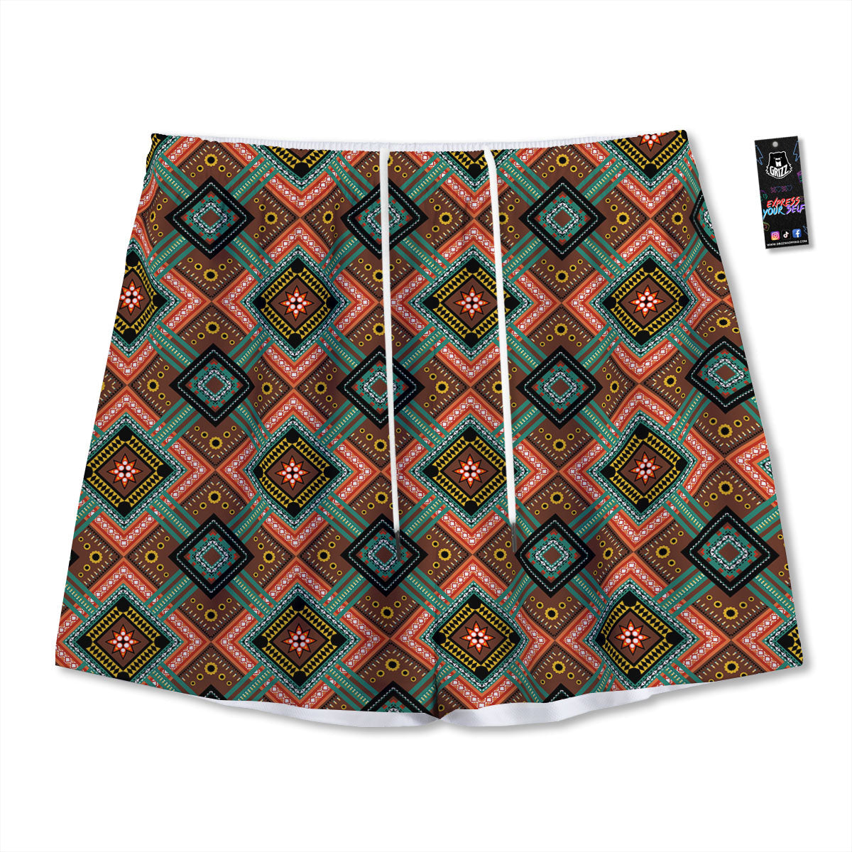 Ethnic Mandala Red Tribal Print Mesh Shorts