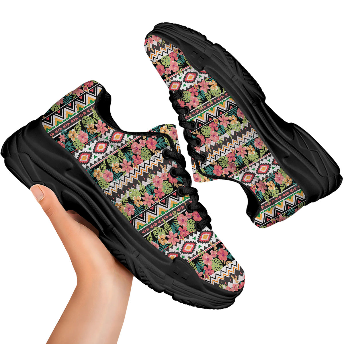 Ethnic Mix Tropical Flower Print Pattern Black Chunky Shoes-grizzshop