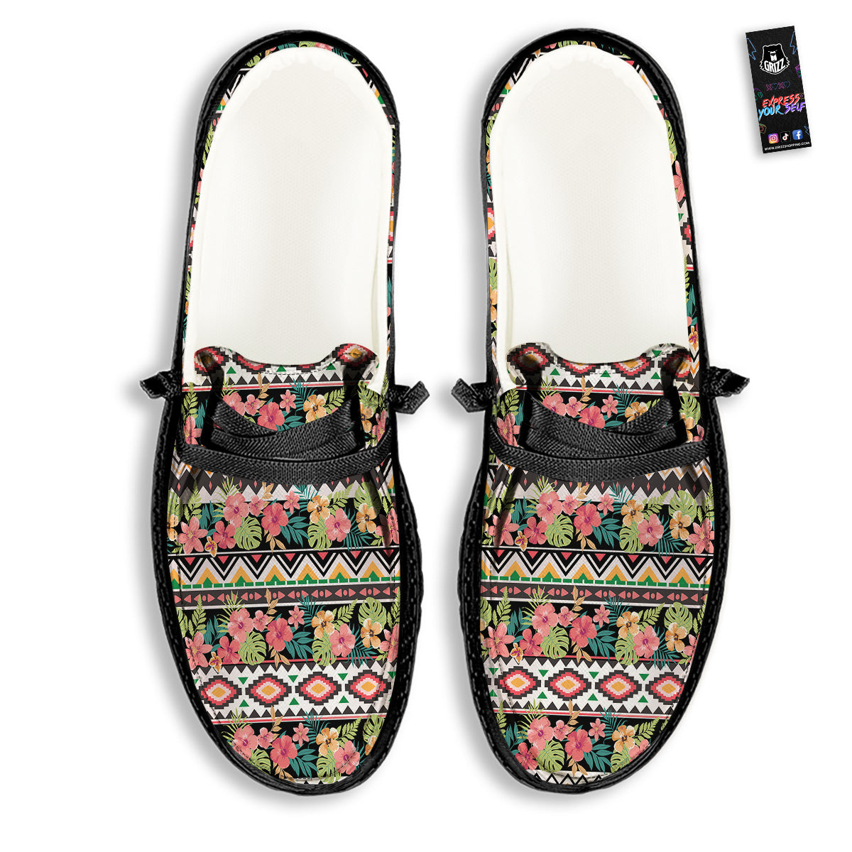 Ethnic Mix Tropical Flower Print Pattern Black Loafers-grizzshop
