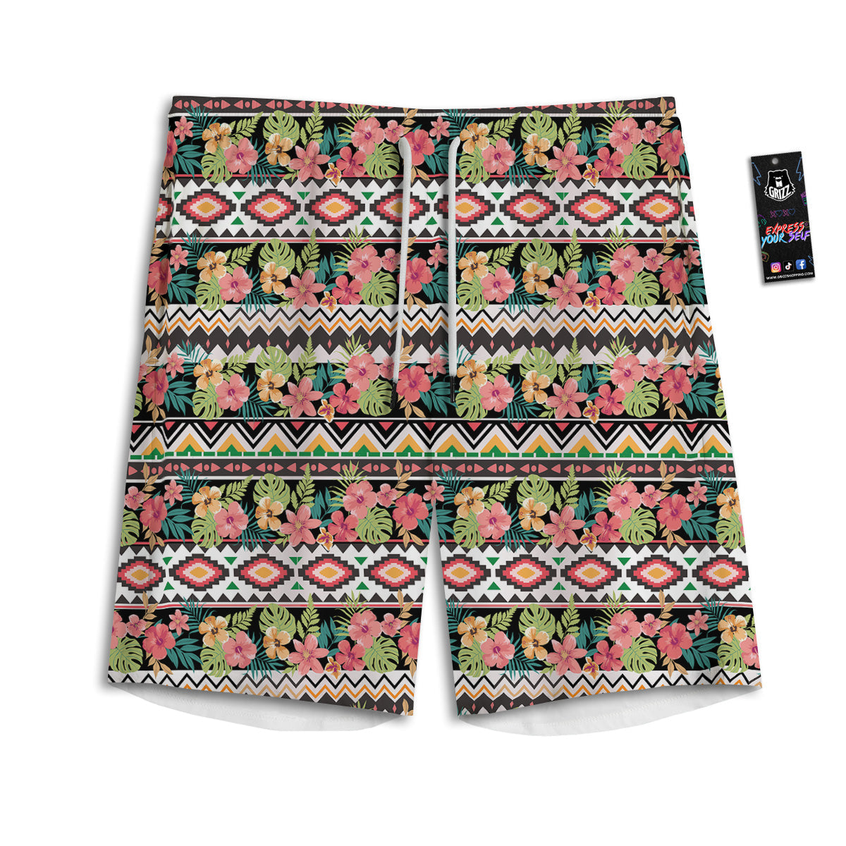 Ethnic Mix Tropical Flower Print Pattern Men's Athletic Shorts-grizzshop