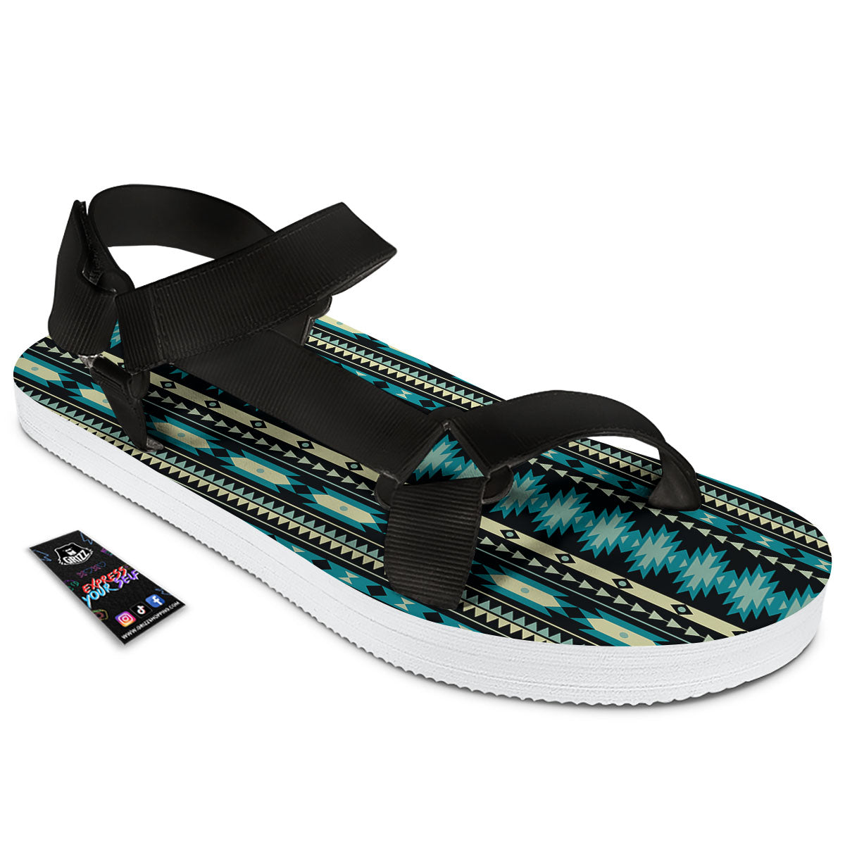 Ethnic Native Print Pattern Black Open Toe Sandals-grizzshop
