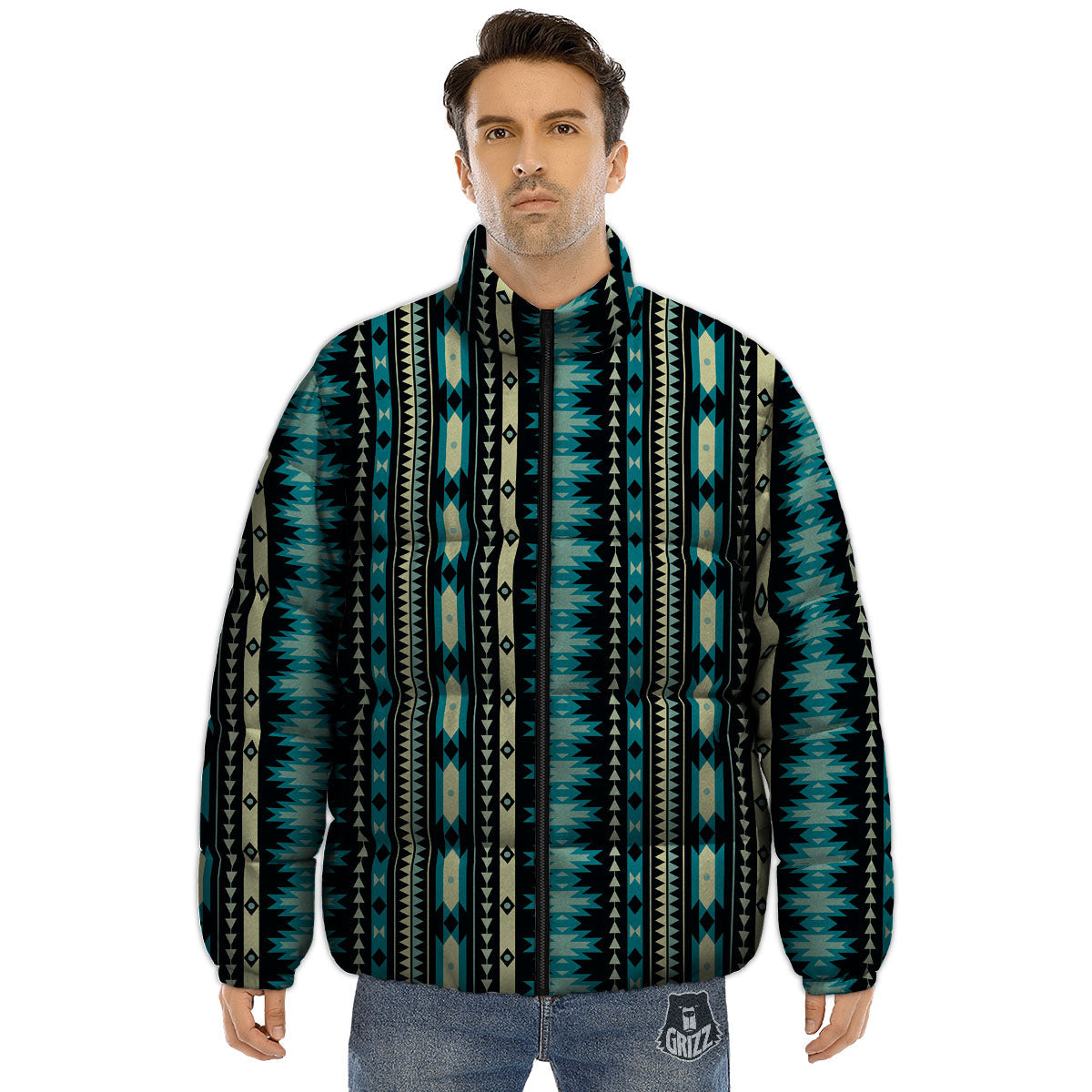 Ethnic Native Print Pattern Puffer Jacket-grizzshop