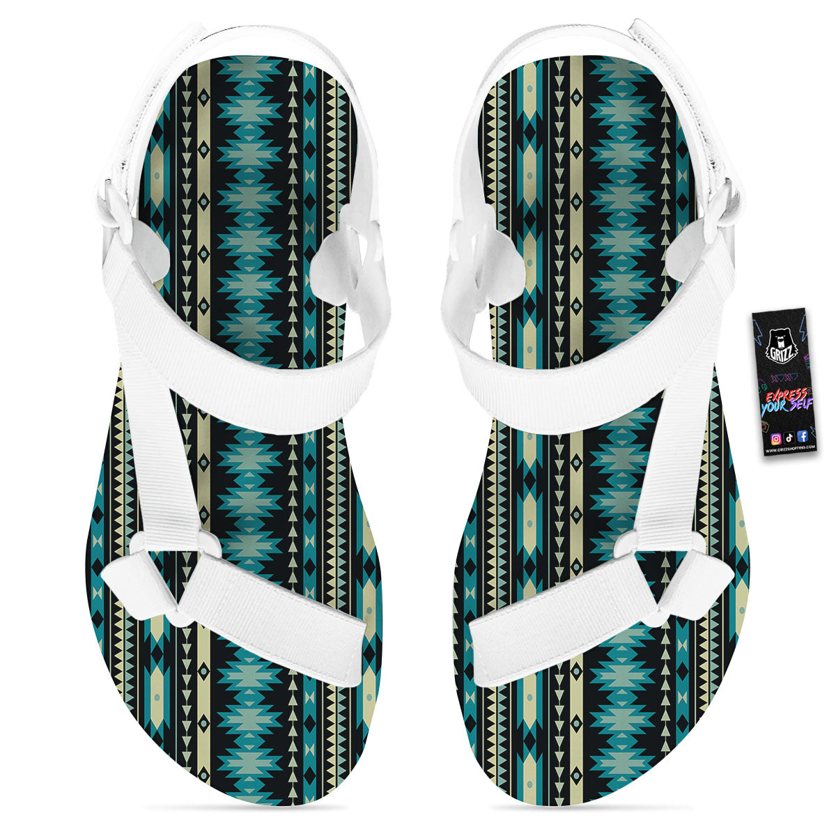 Ethnic Native Print Pattern White Open Toe Sandals-grizzshop