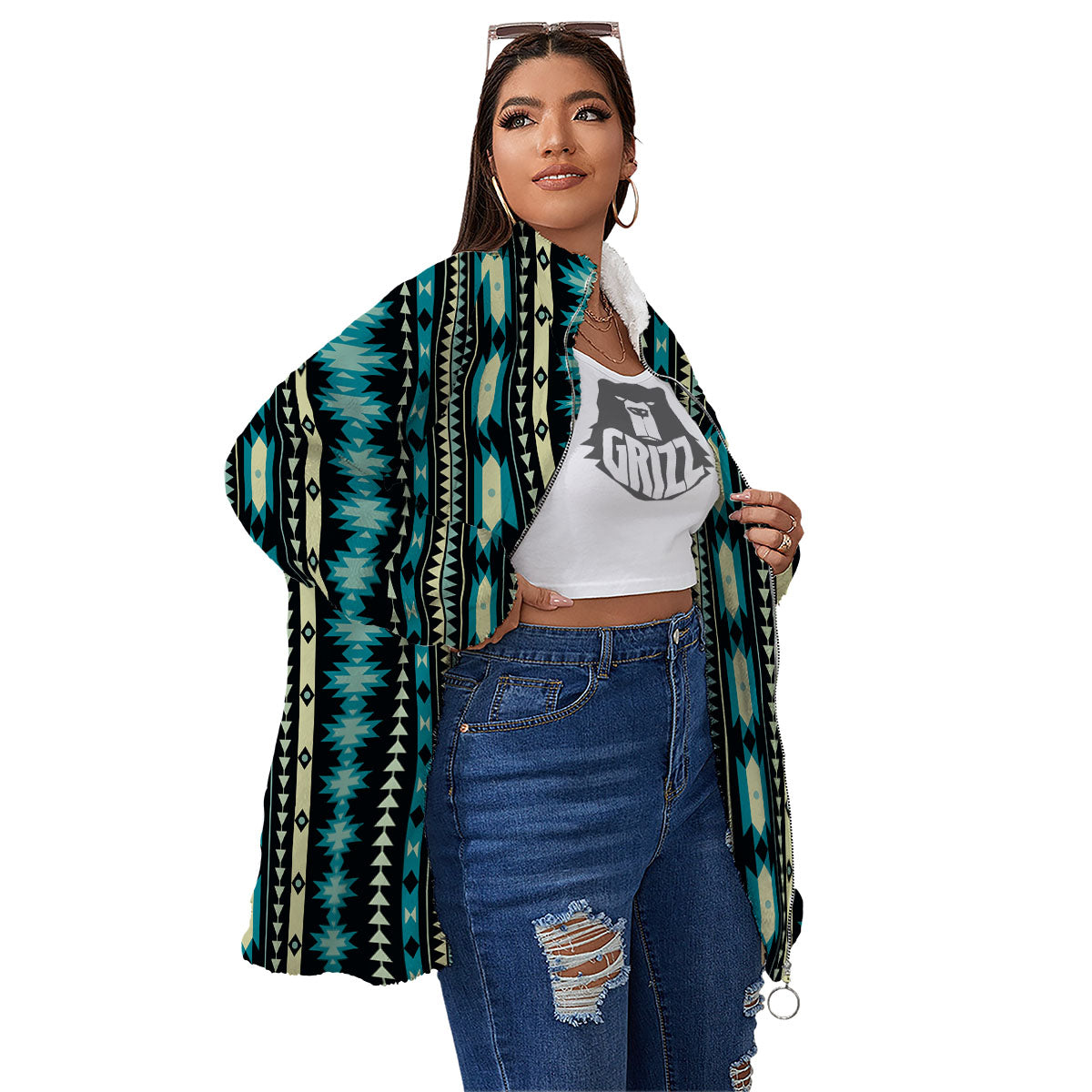 Ethnic Native Print Pattern Women's Sherpa Jacket-grizzshop