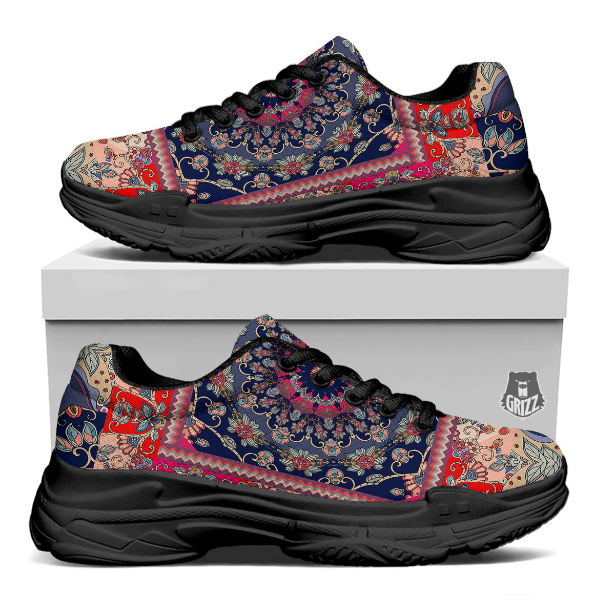 Ethnic Patchwork Square Print Black Chunky Shoes-grizzshop