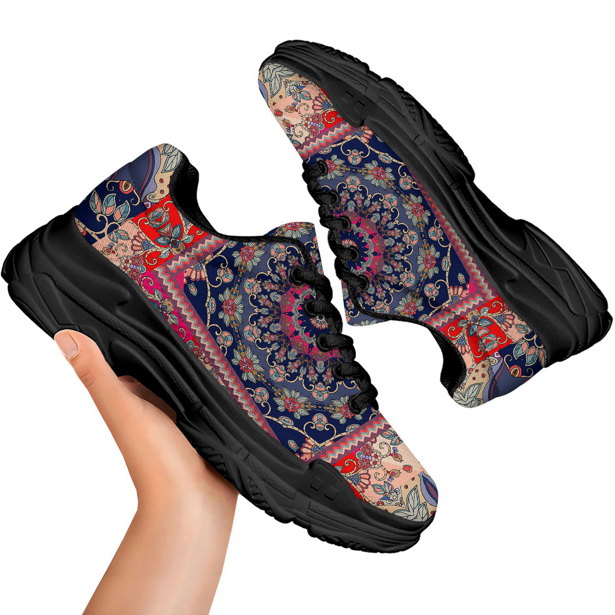 Ethnic Patchwork Square Print Black Chunky Shoes-grizzshop