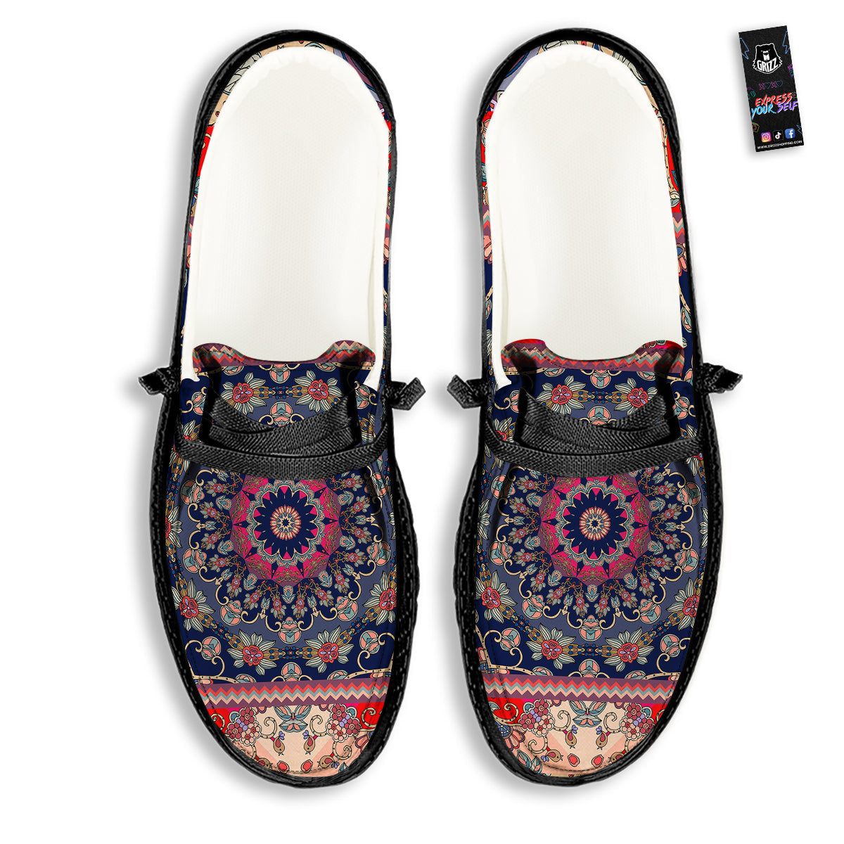 Ethnic Patchwork Square Print Black Loafers-grizzshop