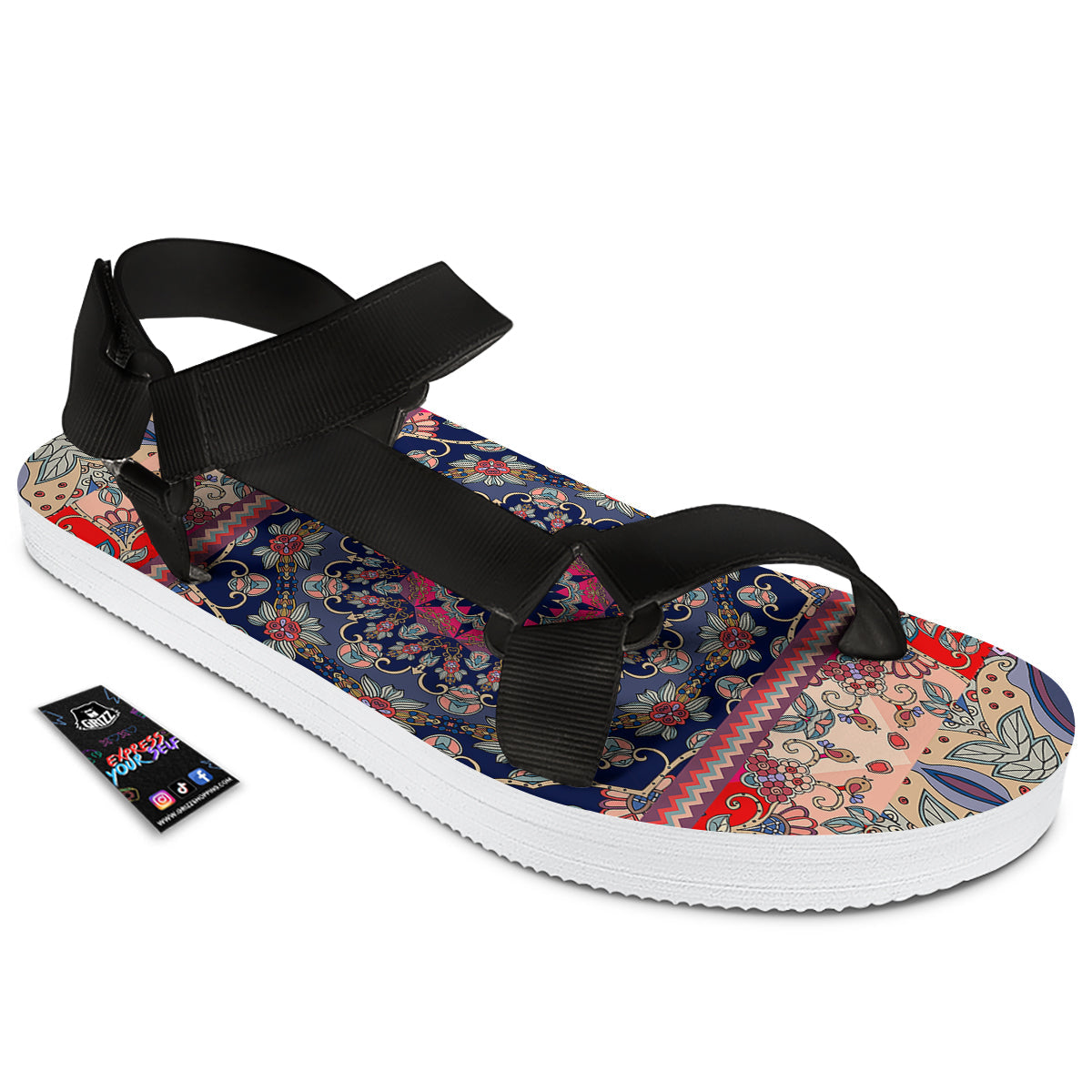 Ethnic Patchwork Square Print Black Open Toe Sandals-grizzshop