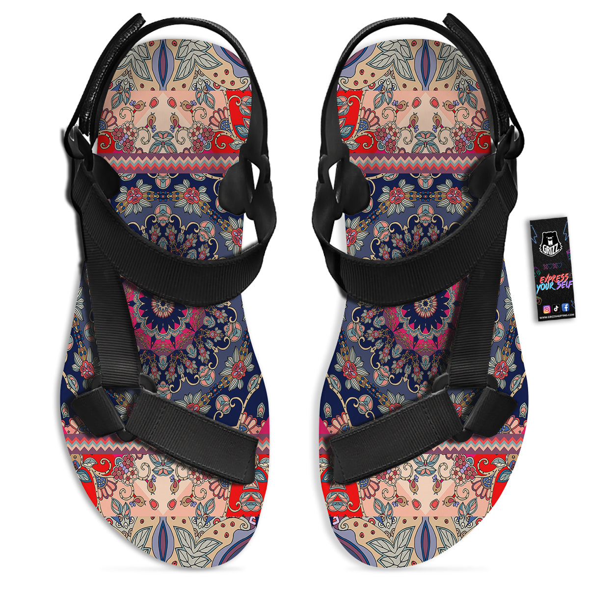 Ethnic Patchwork Square Print Black Open Toe Sandals-grizzshop