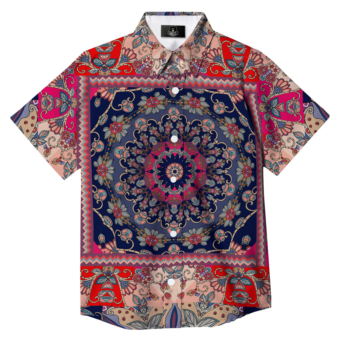 Ethnic Patchwork Square Print Button Up Shirt-grizzshop