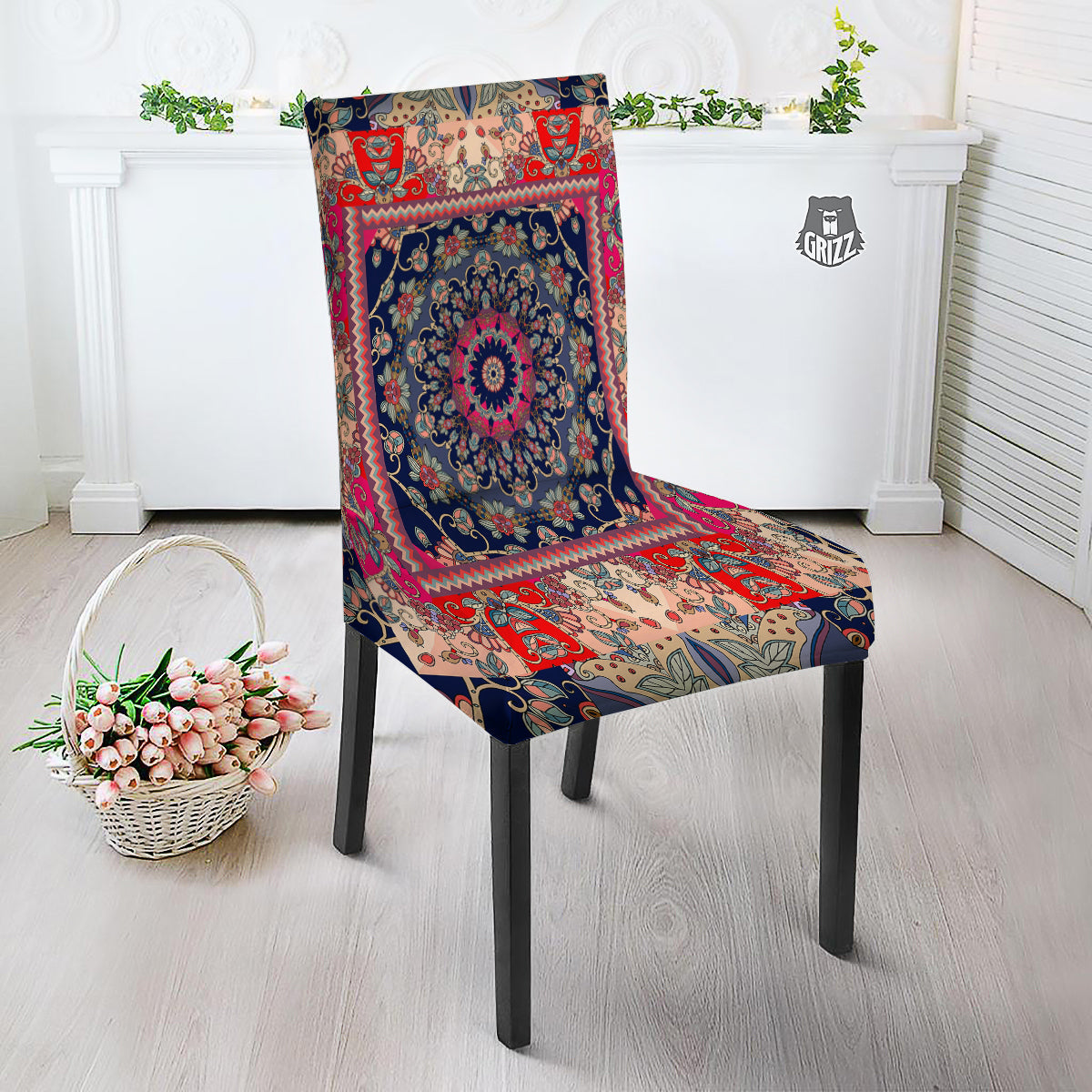 Ethnic Patchwork Square Print Dining Chair Slipcover-grizzshop