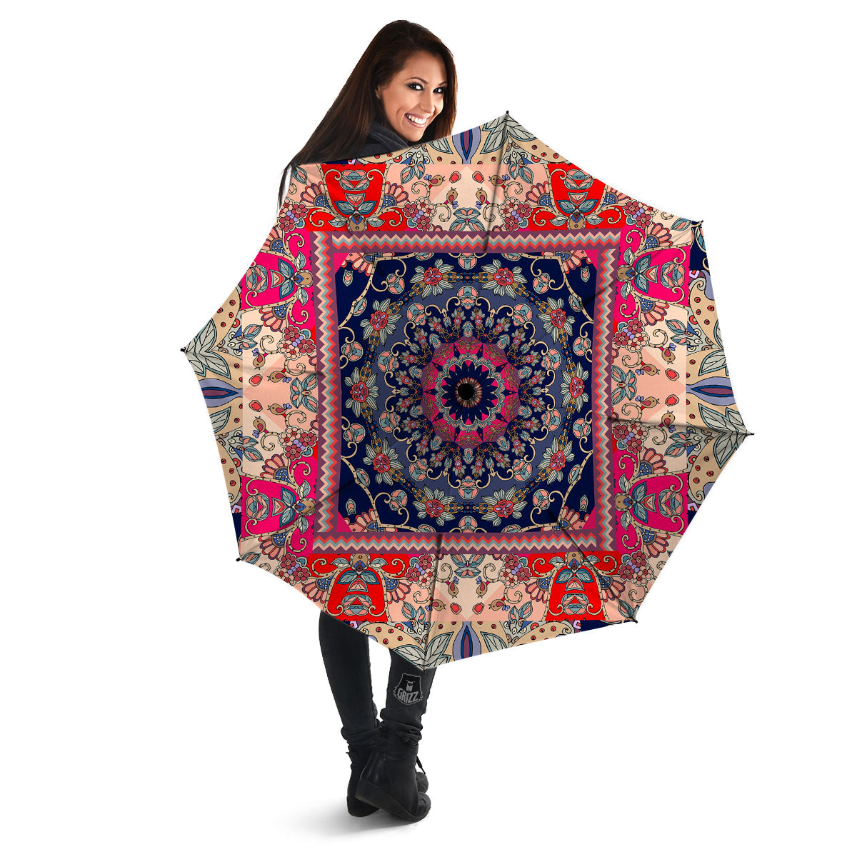 Ethnic Patchwork Square Print Umbrella-grizzshop