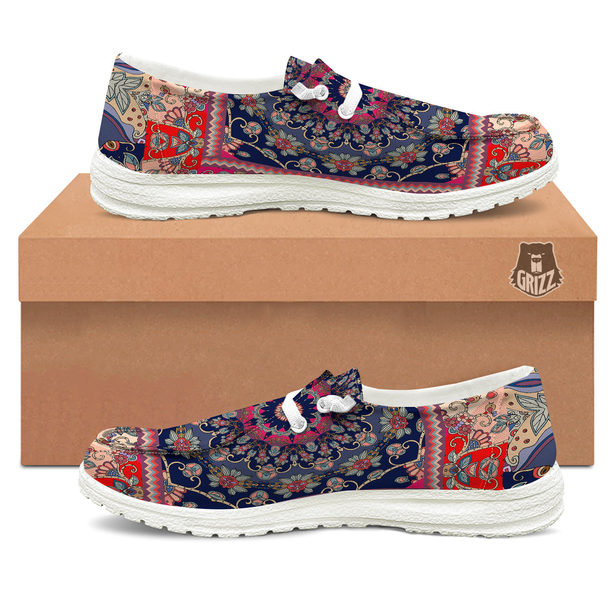 Ethnic Patchwork Square Print White Loafers-grizzshop