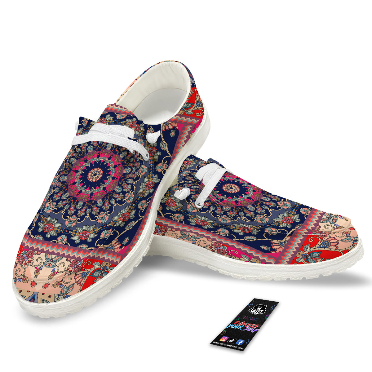 Ethnic Patchwork Square Print White Loafers-grizzshop