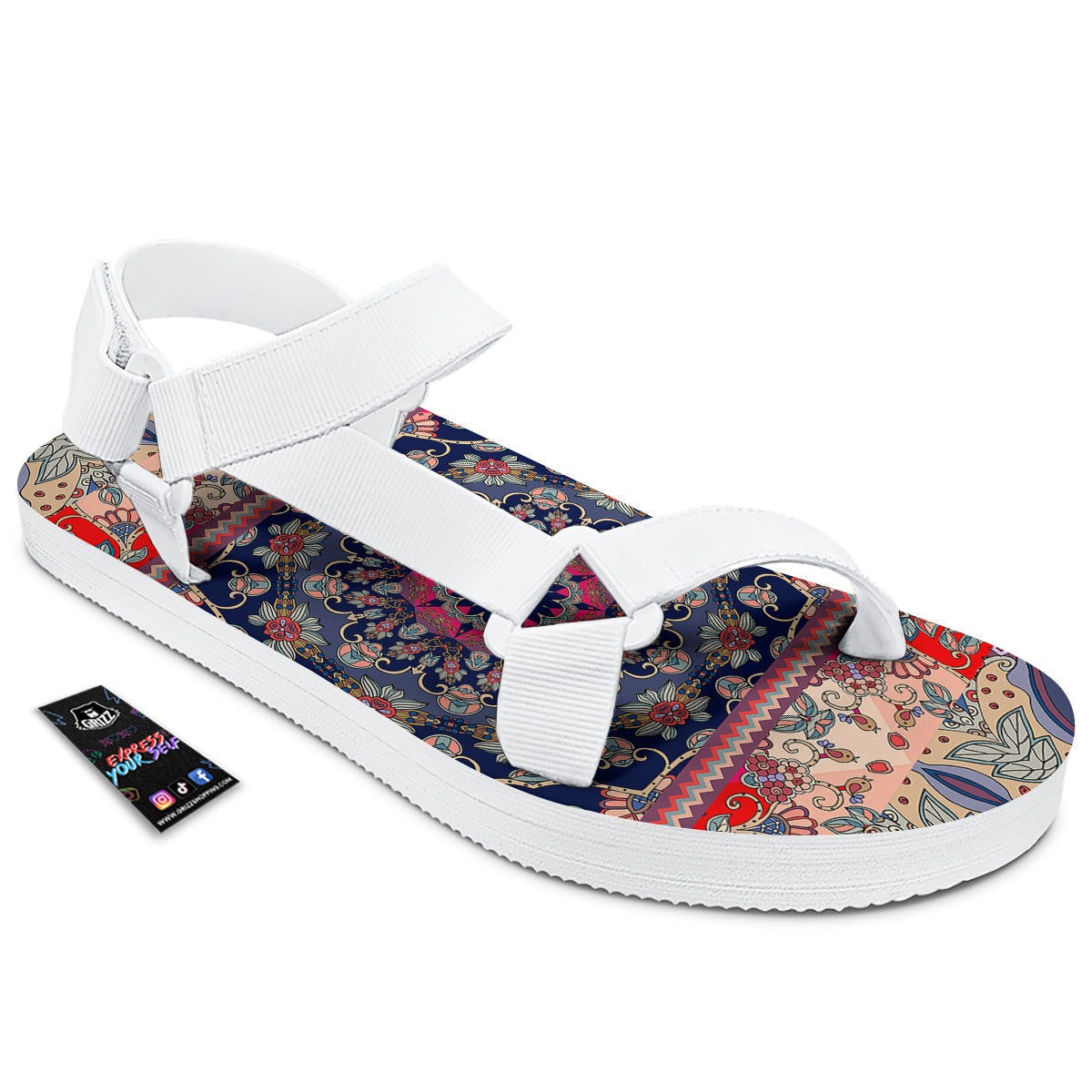 Ethnic Patchwork Square Print White Open Toe Sandals-grizzshop