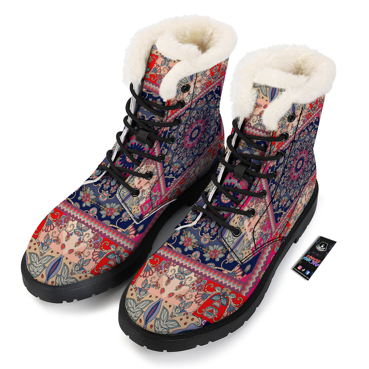 Ethnic Patchwork Square Print Winter Boots-grizzshop