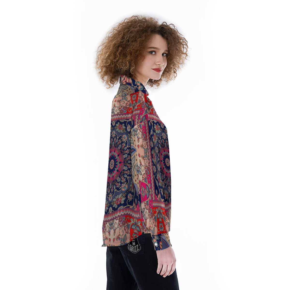 Ethnic Patchwork Square Print Women's Long Sleeve Shirts-grizzshop