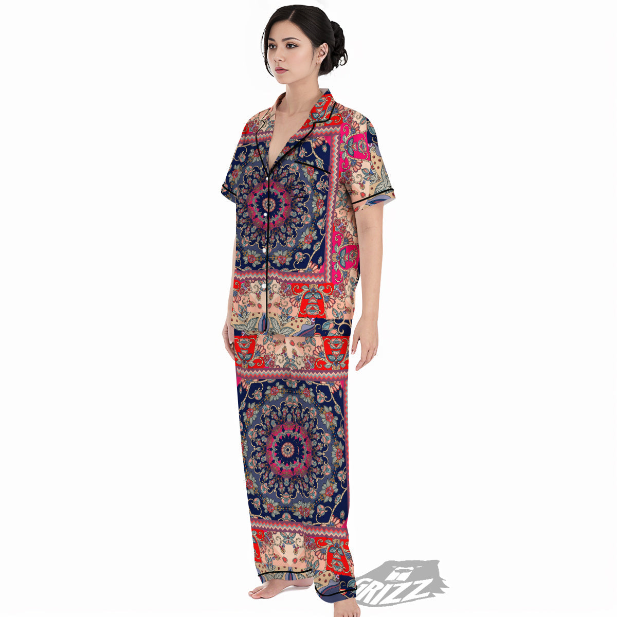 Ethnic Patchwork Square Print Women's Pajamas Set-grizzshop