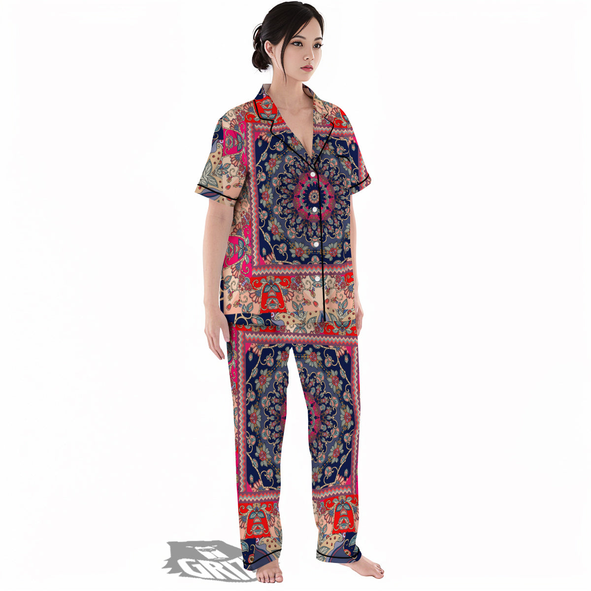 Ethnic Patchwork Square Print Women's Pajamas Set-grizzshop
