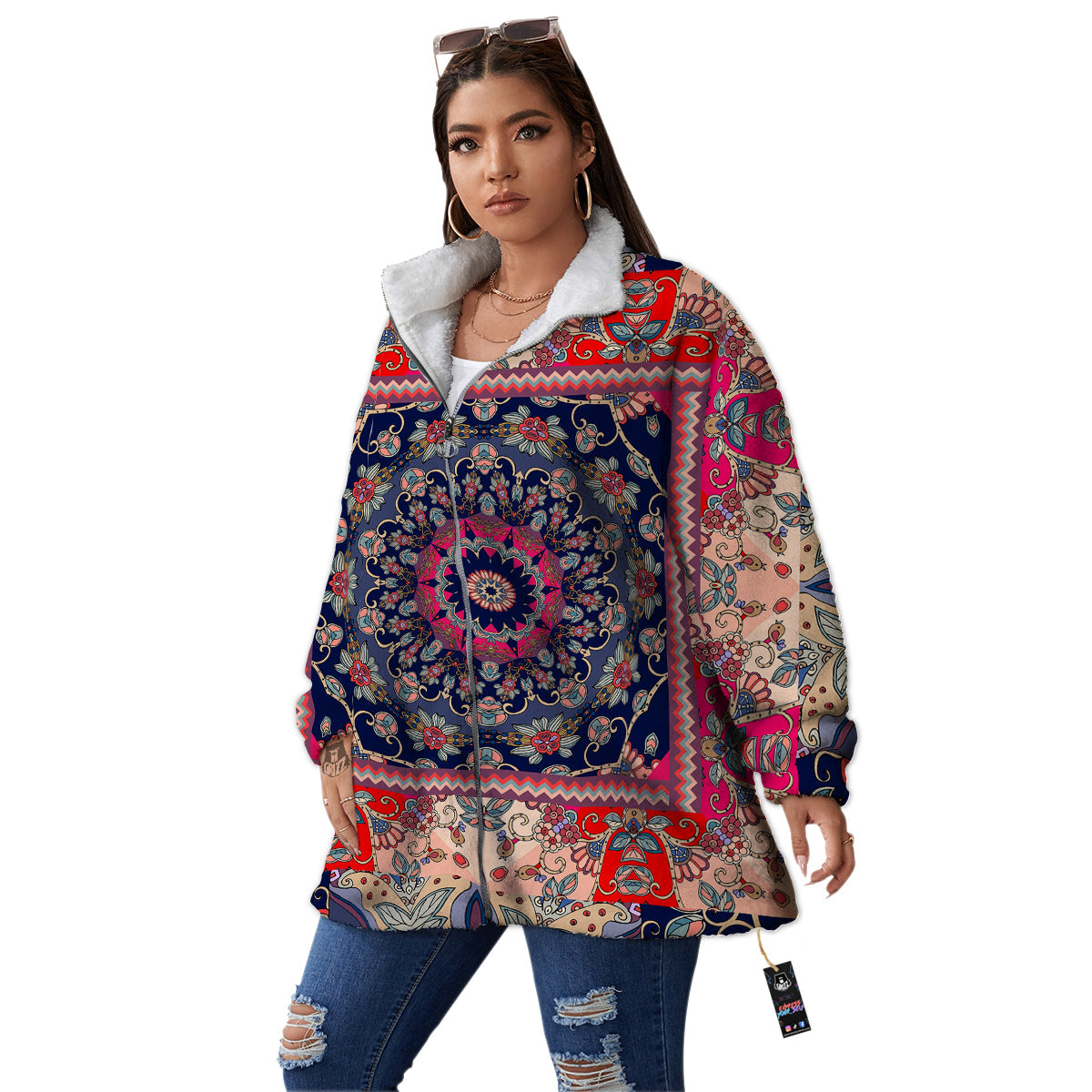 Ethnic Patchwork Square Print Women's Sherpa Jacket-grizzshop