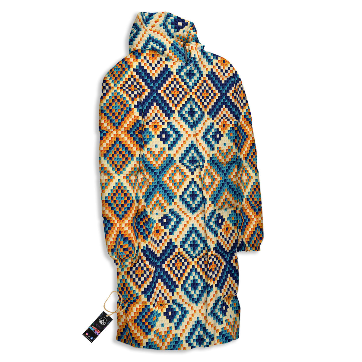 Ethnic Pixel Print Pattern Long Down Jacket-grizzshop