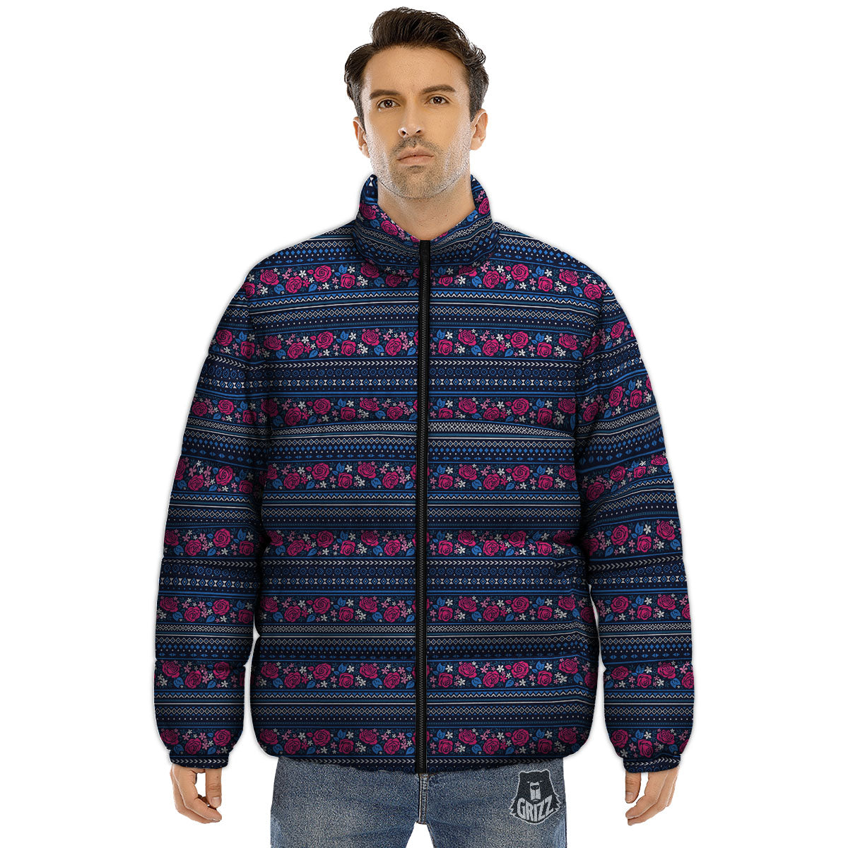 Ethnic Rose Native Tribal Print Pattern Puffer Jacket-grizzshop