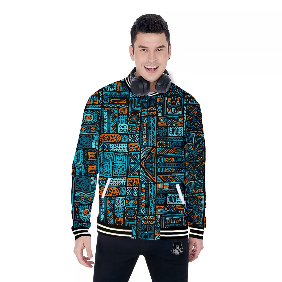 Ethnic Turquoise African Print Pattern Baseball Jacket-grizzshop