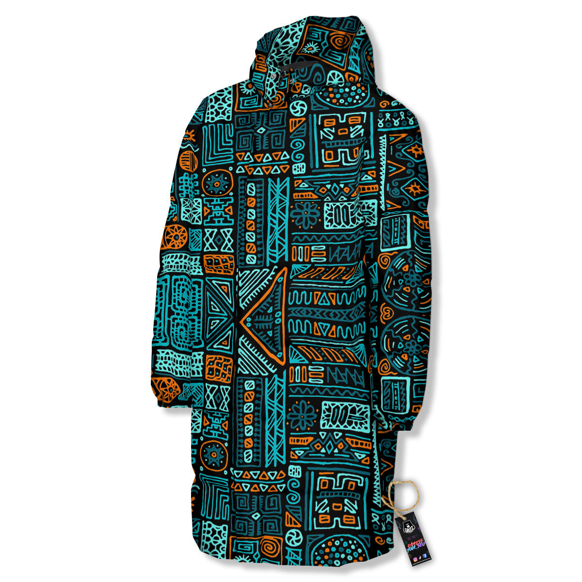 Ethnic Turquoise African Print Pattern Long Down Jacket-grizzshop