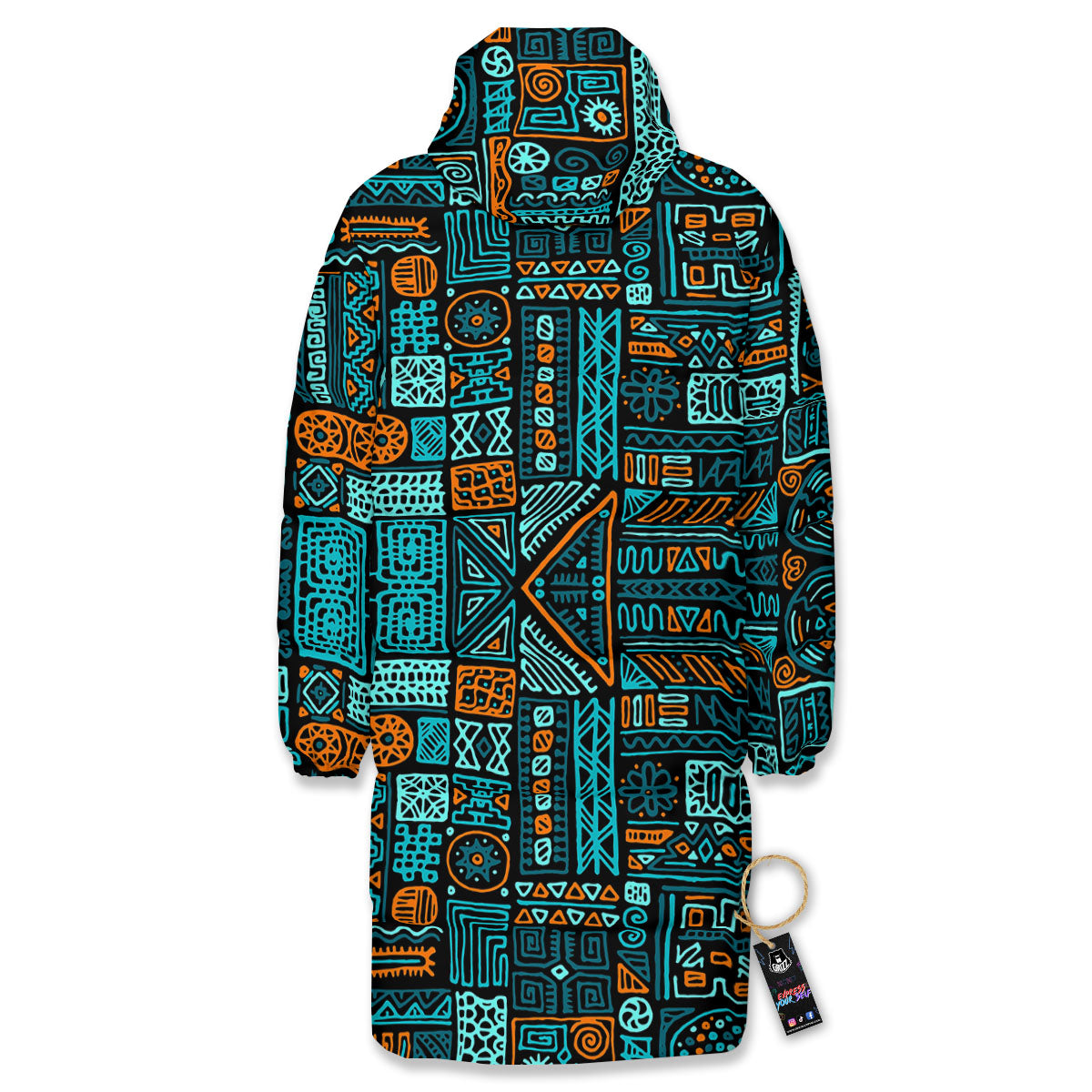 Ethnic Turquoise African Print Pattern Long Down Jacket-grizzshop