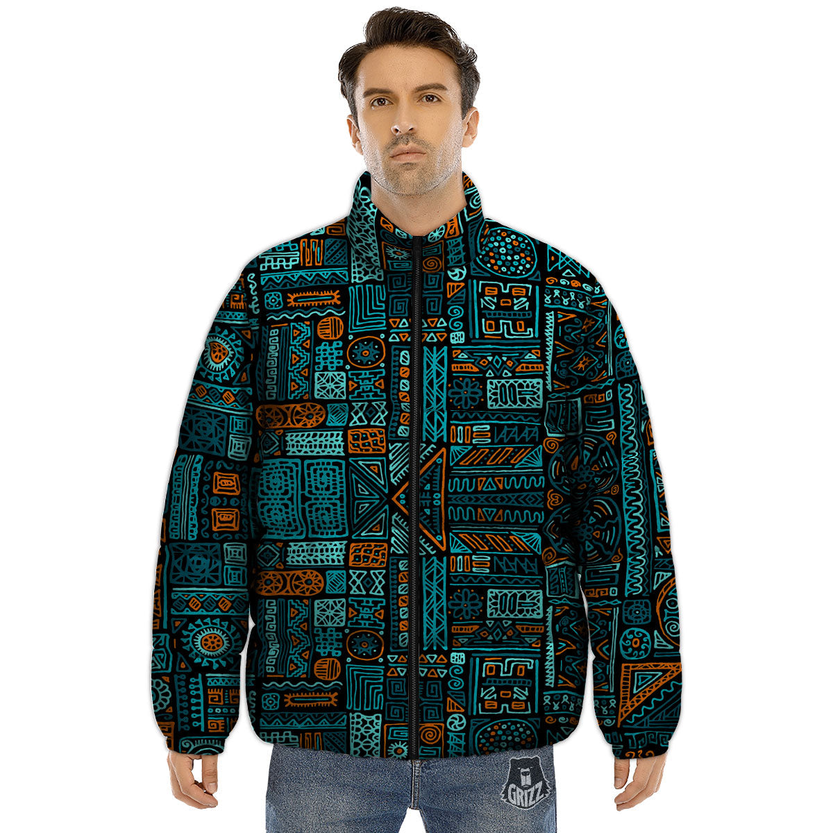 Ethnic Turquoise African Print Pattern Puffer Jacket-grizzshop
