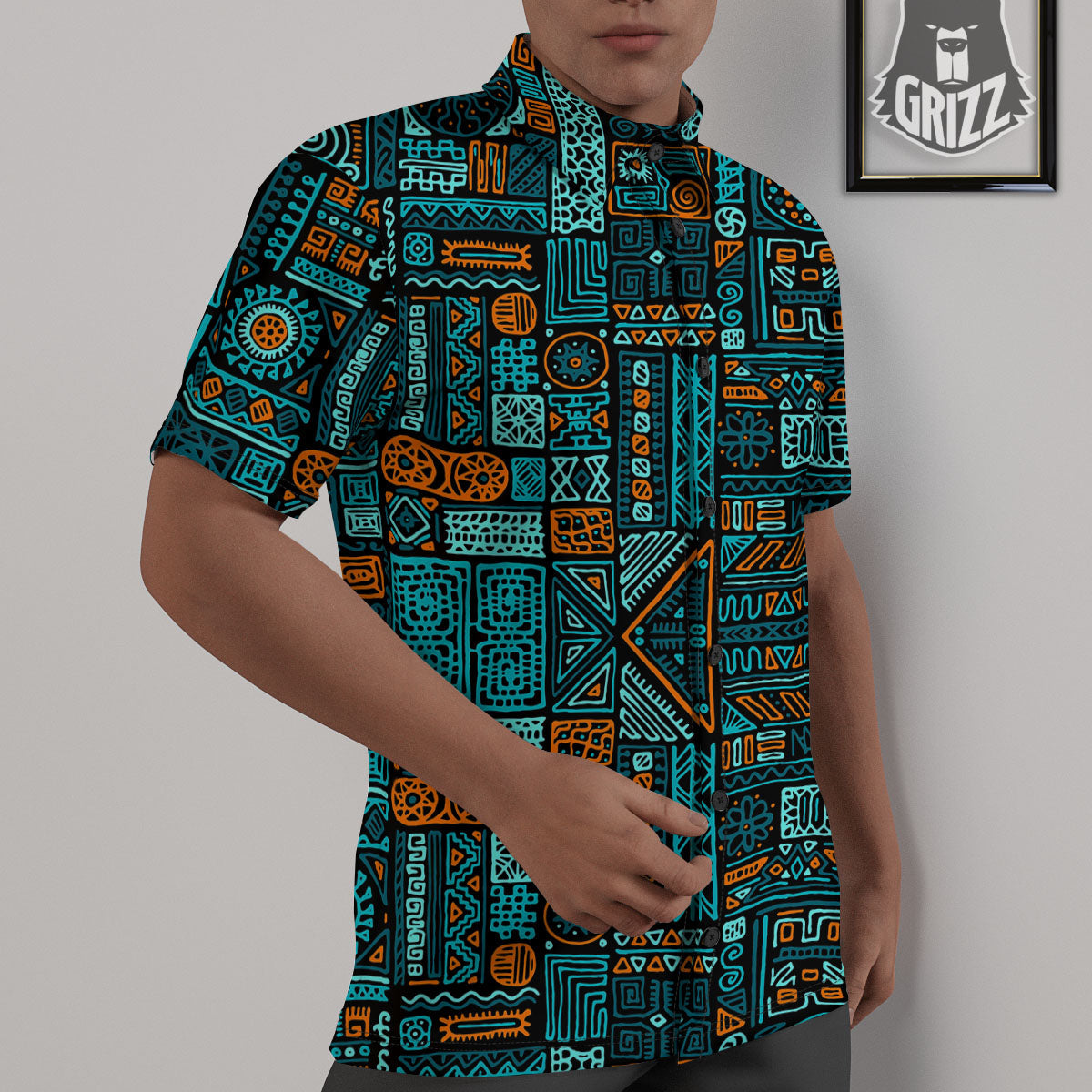 Ethnic Turquoise African Print Pattern Untucked Shirts-grizzshop